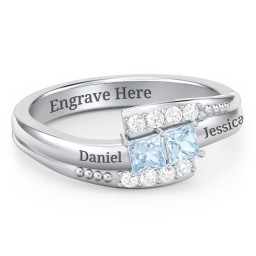 Engravable Bypass Ring with Princess Cut Gemstones and Accents in 925 Sterling Silver with Aquamarine and White Premium Zirconia