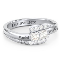 Engravable Bypass Ring with Princess Cut Gemstones and Accents in 925 Sterling Silver with Cubic Zirconia and White Premium Zirconia