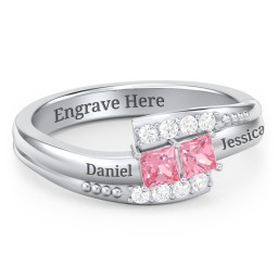 Engravable Bypass Ring with Princess Cut Gemstones and Accents in 925 Sterling Silver with Pink Tourmaline and White Premium Zirconia
