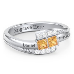 Engravable Bypass Ring with Princess Cut Gemstones and Accents in 925 Sterling Silver with Citrine and White Premium Zirconia