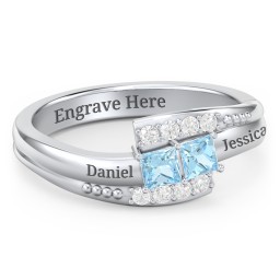 Engravable Bypass Ring with Princess Cut Gemstones and Accents in 925 Sterling Silver with Blue Topaz and White Premium Zirconia