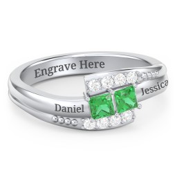 Engravable Bypass Ring with Princess Cut Gemstones and Accents in 925 Sterling Silver with Emerald and White Premium Zirconia