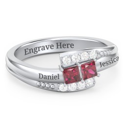Engravable Bypass Ring with Princess Cut Gemstones and Accents in 925 Sterling Silver with Ruby and White Premium Zirconia