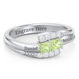Engravable Bypass Ring with Princess Cut Gemstones and Accents in 925 Sterling Silver with Peridot and White Premium Zirconia