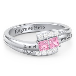 Engravable Bypass Ring with Princess Cut Gemstones and Accents in 925 Sterling Silver with Pink Tourmaline and White Premium Zirconia