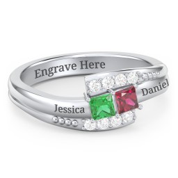 Engravable Bypass Ring with Princess Cut Gemstones and Accents in 925 Sterling Silver with Emerald, Ruby, and White Premium Zirconia