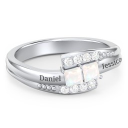 Engravable Bypass Ring with Princess Cut Gemstones and Accents in 925 Sterling Silver with Opal and White Premium Zirconia