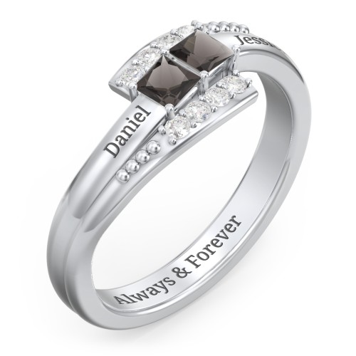 Engravable Bypass Ring with Princess Cut Gemstones and Accents – Sterling Silver with Smokey Quartz and White Premium Zirconia