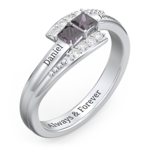 Engravable Bypass Ring with Princess Cut Gemstones and Accents – Sterling Silver with Alexandrite and White Premium Zirconia