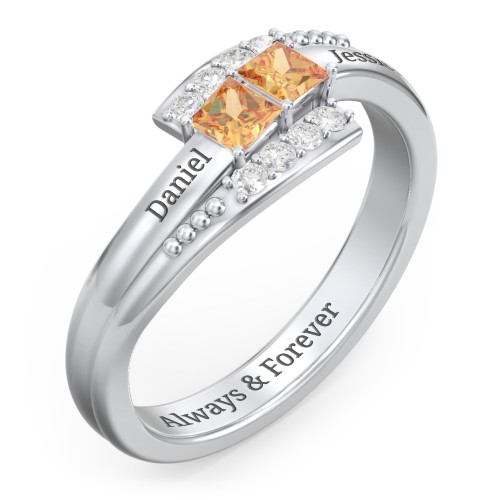 Engravable Bypass Ring with Princess Cut Gemstones and Accents – Sterling Silver with Citrine and White Premium Zirconia