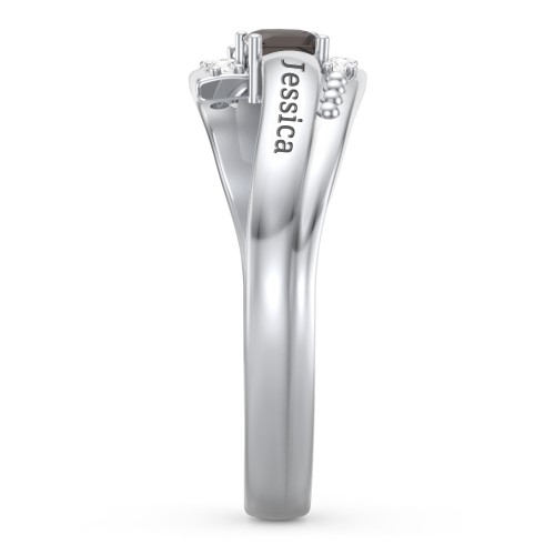 Engravable Bypass Ring with Princess Cut Gemstones and Accents – Sterling Silver with Smokey Quartz and White Premium Zirconia