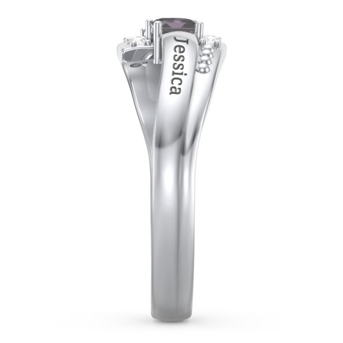 Engravable Bypass Ring with Princess Cut Gemstones and Accents – Sterling Silver with Alexandrite and White Premium Zirconia