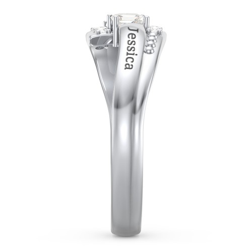 Engravable Bypass Ring with Princess Cut Gemstones and Accents – Sterling Silver with Blue Sapphire, Cubic Zirconia, and White Premium Zirconia