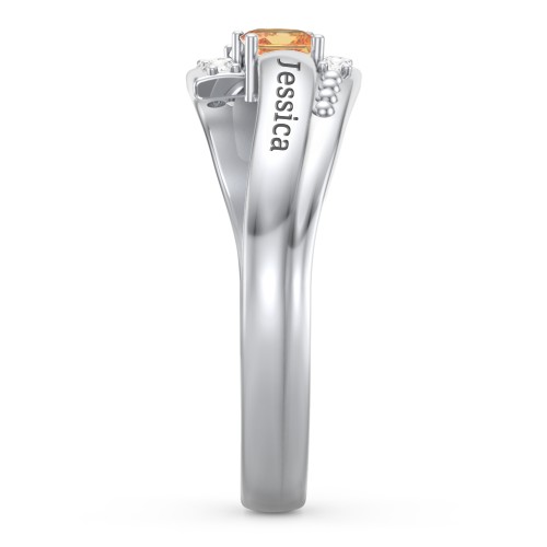 Engravable Bypass Ring with Princess Cut Gemstones and Accents – Sterling Silver with Citrine and White Premium Zirconia