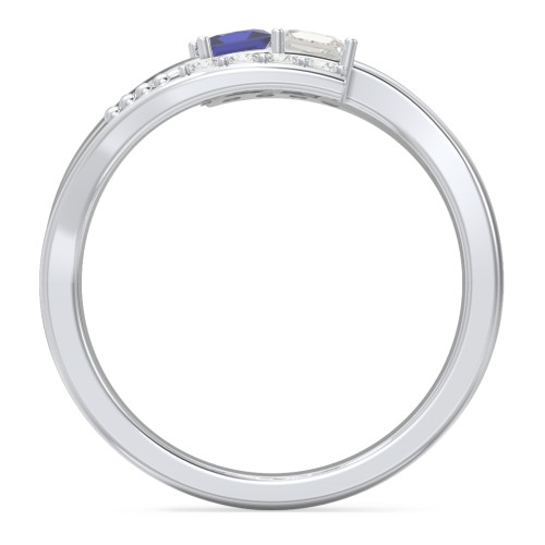 Engravable Bypass Ring with Princess Cut Gemstones and Accents – Sterling Silver with Blue Sapphire, Cubic Zirconia, and White Premium Zirconia