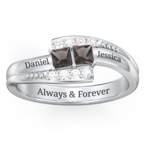 Engravable Bypass Ring with Princess Cut Gemstones and Accents – Sterling Silver with Smokey Quartz and White Premium Zirconia