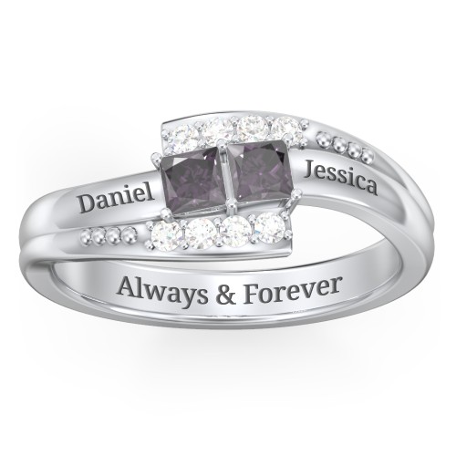 Engravable Bypass Ring with Princess Cut Gemstones and Accents – Sterling Silver with Alexandrite and White Premium Zirconia