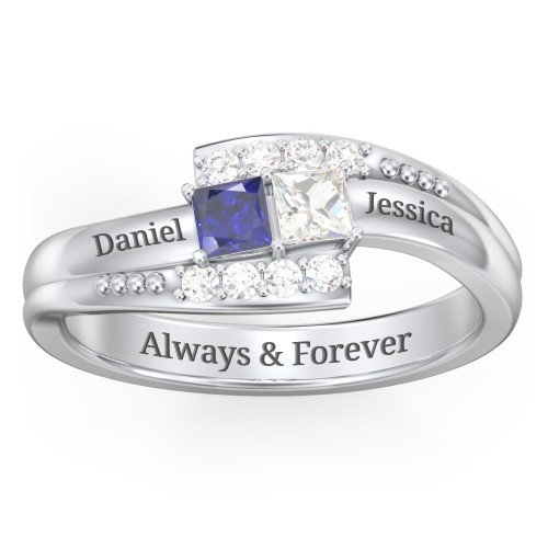 Engravable Bypass Ring with Princess Cut Gemstones and Accents – Sterling Silver with Blue Sapphire, Cubic Zirconia, and White Premium Zirconia