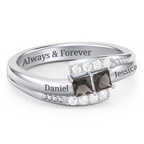 Engravable Bypass Ring with Princess Cut Gemstones and Accents – Sterling Silver with Smokey Quartz and White Premium Zirconia