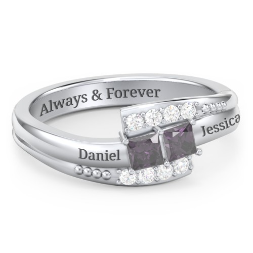 Engravable Bypass Ring with Princess Cut Gemstones and Accents – Sterling Silver with Alexandrite and White Premium Zirconia
