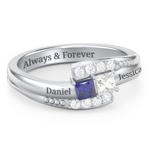 Engravable Bypass Ring with Princess Cut Gemstones and Accents – Sterling Silver with Blue Sapphire, Cubic Zirconia, and White Premium Zirconia