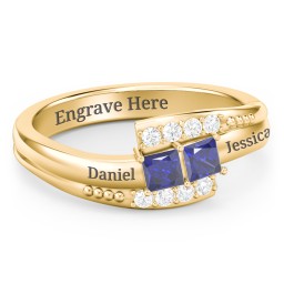 Engravable Bypass Ring with Princess Cut Gemstones and Accents in 10K Solid Yellow Gold with Blue Sapphire and White Premium Zirconia