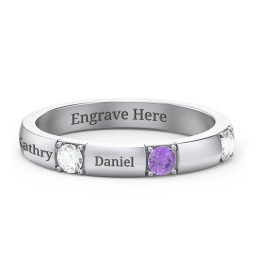 Elegant Three Gemstone Ring in 925 Sterling Silver with Cubic Zirconia, Amethyst, and White Premium Zirconia