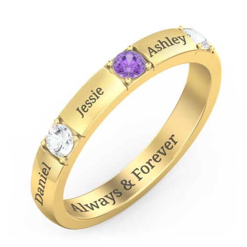 Elegant Three Gemstone Ring – 10K Yellow Gold with Cubic Zirconia and Amethyst