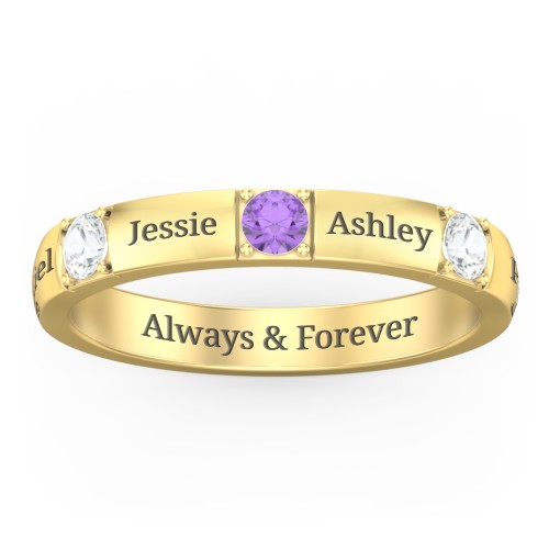 Elegant Three Gemstone Ring – 10K Yellow Gold with Cubic Zirconia and Amethyst