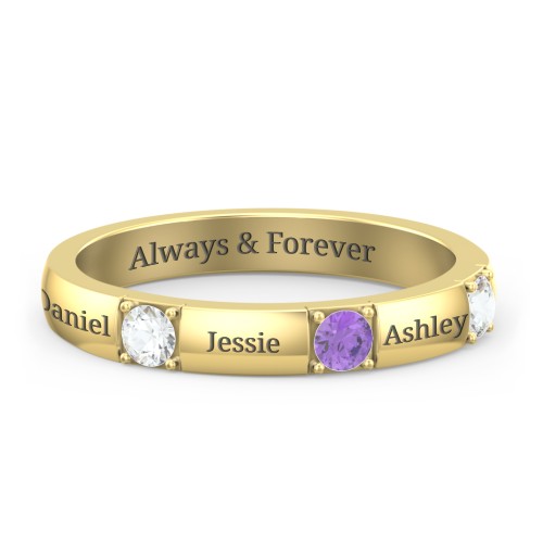 Elegant Three Gemstone Ring – 10K Yellow Gold with Cubic Zirconia and Amethyst