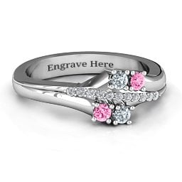 Four Stone Ring with Accents in 925 Sterling Silver with Cubic Zirconia and Pink Tourmaline