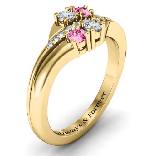 Four Stone Ring with Accents – 10K Yellow Gold with Cubic Zirconia and Pink Tourmaline