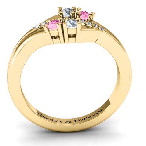 Four Stone Ring with Accents – 10K Yellow Gold with Cubic Zirconia and Pink Tourmaline
