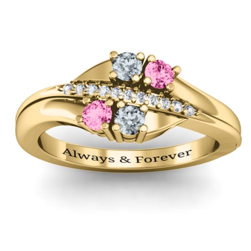 Four Stone Ring with Accents – 10K Yellow Gold with Cubic Zirconia and Pink Tourmaline