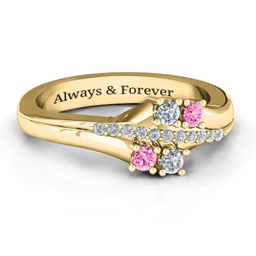 Four Stone Ring with Accents – 10K Yellow Gold with Cubic Zirconia and Pink Tourmaline