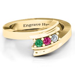 Three Stone Ridged Bypass Ring in 10K Solid Yellow Gold with Emerald, Ruby, and Cubic Zirconia