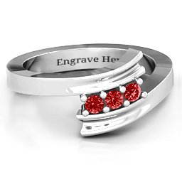 Three Stone Ridged Bypass Ring in 925 Sterling Silver with Garnet