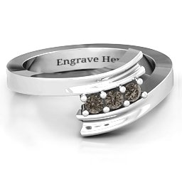 Three Stone Ridged Bypass Ring in 925 Sterling Silver with Smokey Quartz