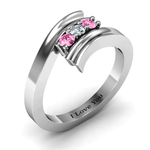Three Stone Ridged Bypass Ring – Sterling Silver with Pink Tourmaline and Cubic Zirconia