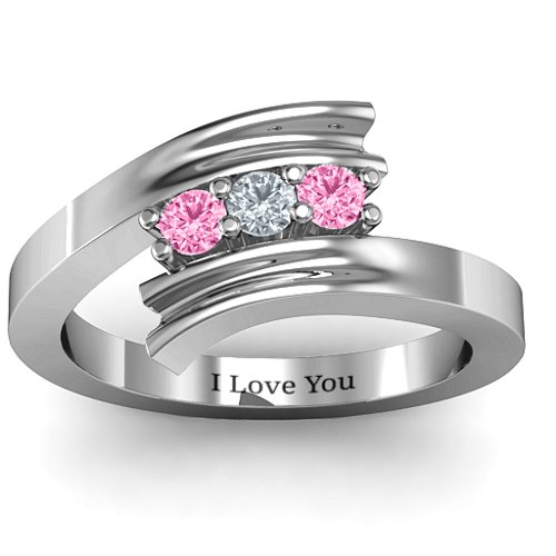 Three Stone Ridged Bypass Ring – Sterling Silver with Pink Tourmaline and Cubic Zirconia