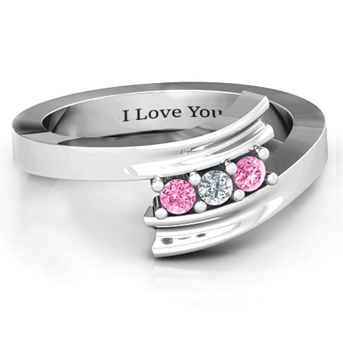 Three Stone Ridged Bypass Ring – Sterling Silver with Pink Tourmaline and Cubic Zirconia