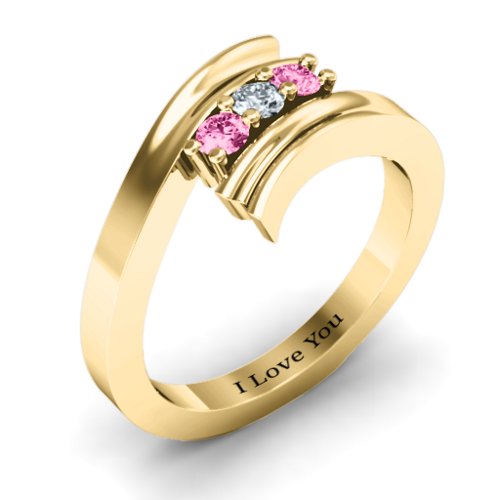 Three Stone Ridged Bypass Ring – 10K Yellow Gold with Pink Tourmaline and Cubic Zirconia