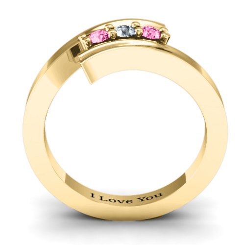 Three Stone Ridged Bypass Ring – 10K Yellow Gold with Pink Tourmaline and Cubic Zirconia
