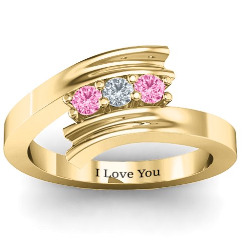 Three Stone Ridged Bypass Ring – 10K Yellow Gold with Pink Tourmaline and Cubic Zirconia