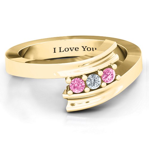 Three Stone Ridged Bypass Ring – 10K Yellow Gold with Pink Tourmaline and Cubic Zirconia