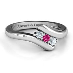 Three Stone Classic Bypass Ring – Sterling Silver with Cubic Zirconia and Ruby
