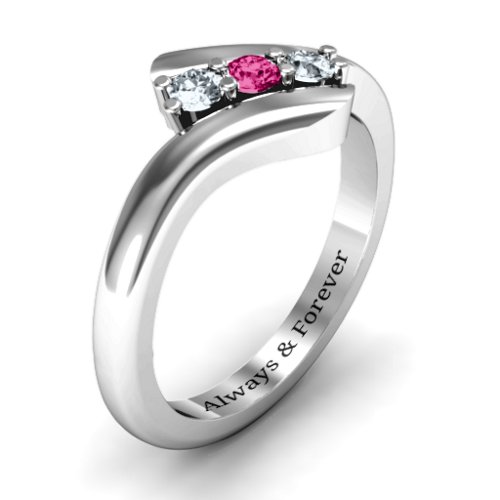 Three Stone Classic Bypass Ring – Sterling Silver with Cubic Zirconia and Ruby