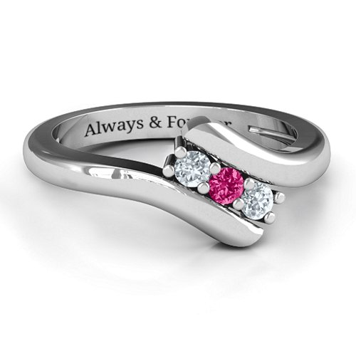 Three Stone Classic Bypass Ring – Sterling Silver with Cubic Zirconia and Ruby