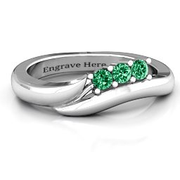 Three Stone Single Bypass Ring in 925 Sterling Silver with Emerald