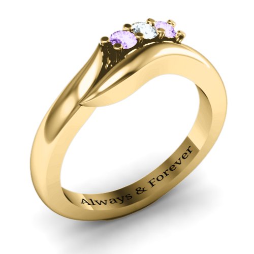 Three Stone Single Bypass Ring – 10K Yellow Gold with Amethyst and Cubic Zirconia